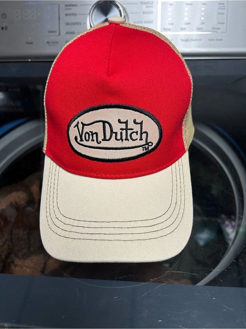 Von Dutch Red and Beige Mesh Trucker Hat